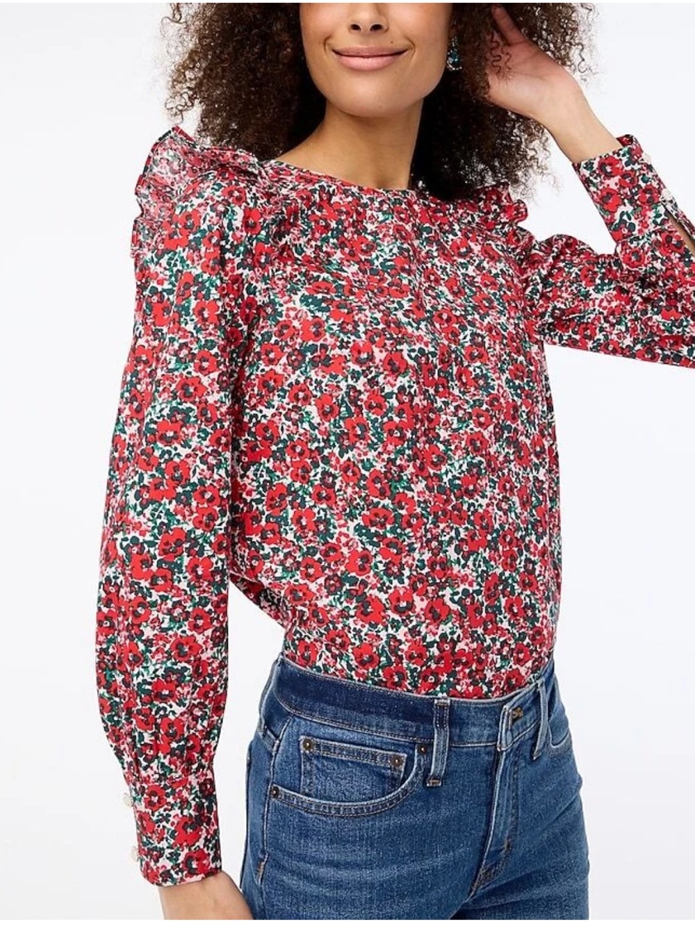 J. Crew Cotton Blend Floral Poplin Ruffle Top | M